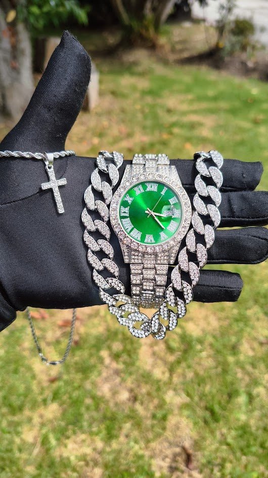 Reloj Plateado Verde + Cadena Cubana + Dije Cruz