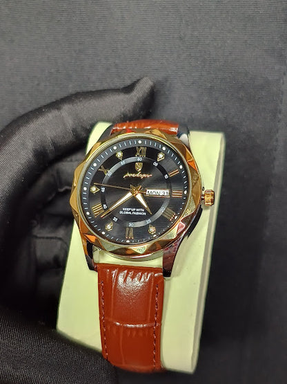 Reloj Poedagar pulso en cuero (Cafe/Dorado/Negro)