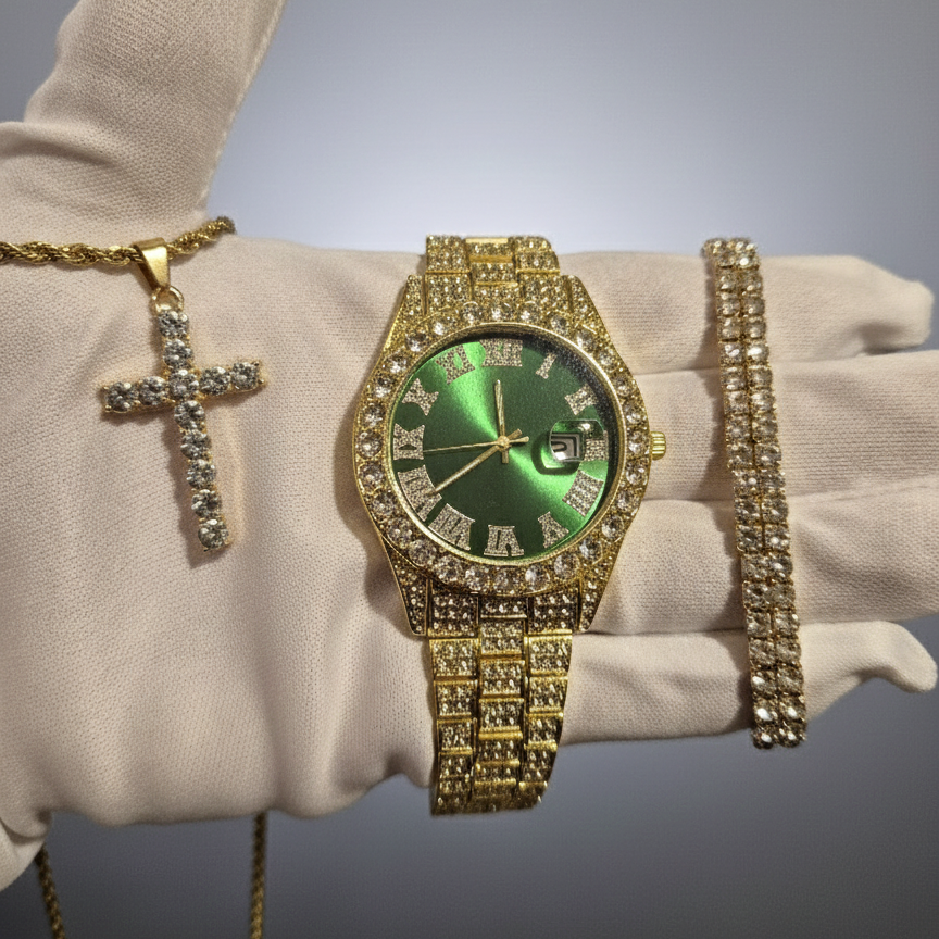 Reloj Dorado Verde + Dije Cruz Cubano + Pulsera Cubana Elastica