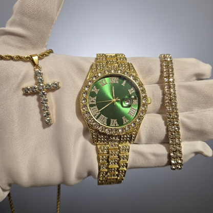 Reloj Dorado Verde + Dije Cruz Cubano + Pulsera Cubana Elastica