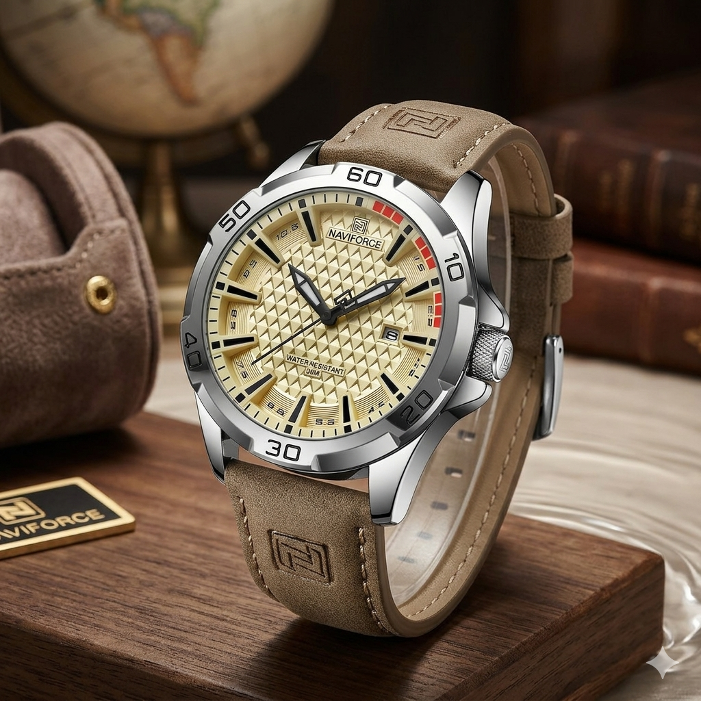 Reloj Deportivo Naviforce Beige Correa Cuero PU