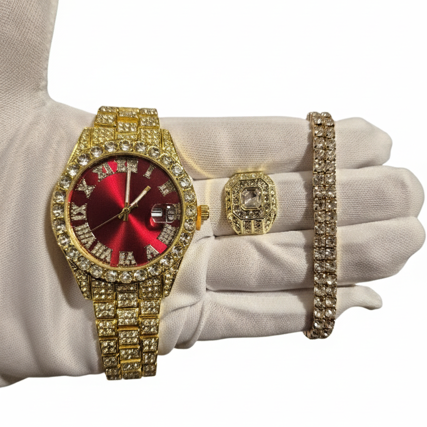 Reloj Dorado Rojo + Anillo Premium + Pulsera Elastica
