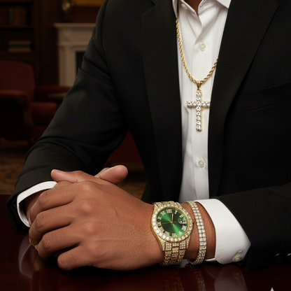 Reloj Dorado Verde + Dije Cruz Cubano + Pulsera Cubana Elastica