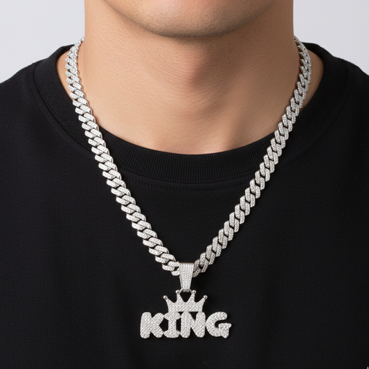 Cadena Cubana Plateada + Dije KING Premium