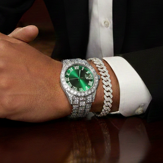 Reloj Plateado Verde+ Pulsera Cubana