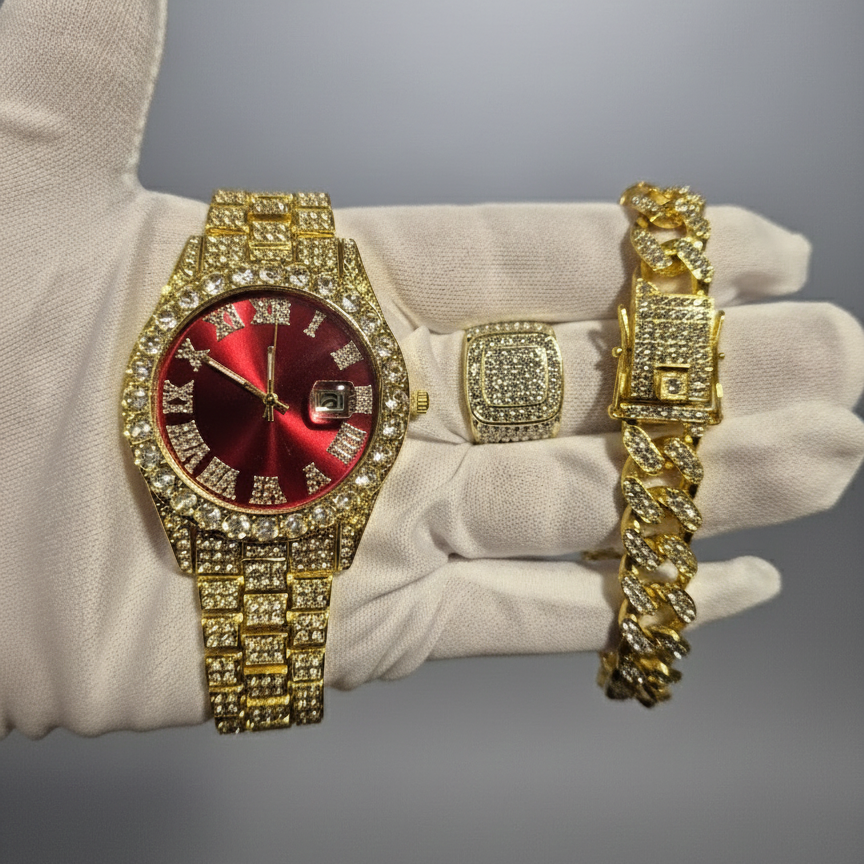 Reloj Dorado Rojo + Anillo Premium + Pulsera cubana