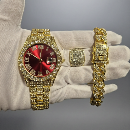 Reloj Dorado Rojo + Anillo Premium + Pulsera cubana