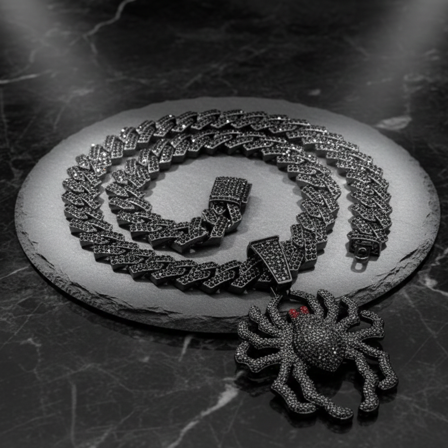 Cadena Cubana + Dije Araña Negro Premium
