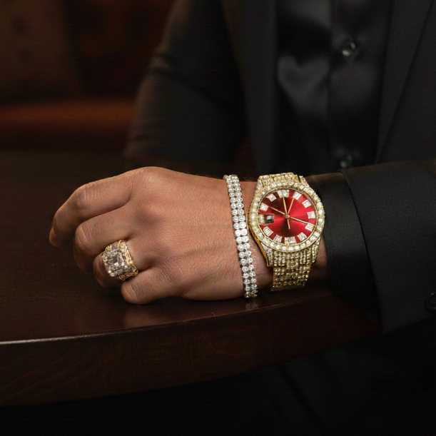 Reloj Dorado Rojo + Anillo Premium + Pulsera Elastica