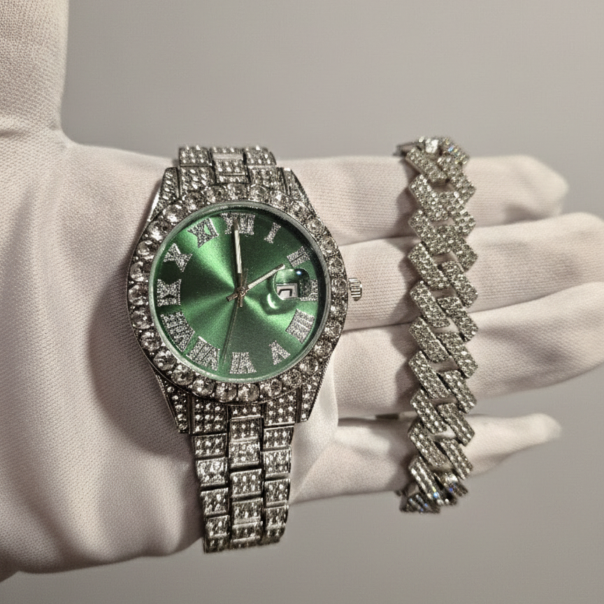Reloj Plateado Verde+ Pulsera Cubana