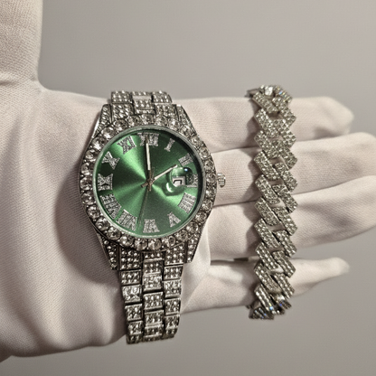 Reloj Plateado Verde+ Pulsera Cubana