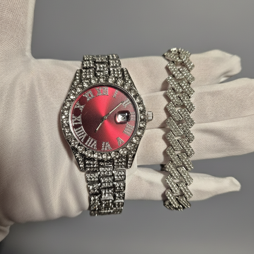 Reloj Plateado Rojo + Pulsera Cubana