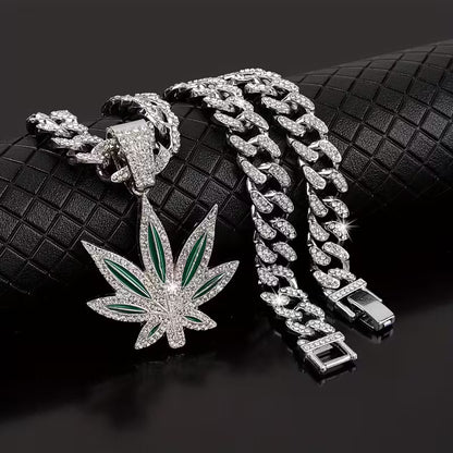 Cadena Cubana Plateada + Dije Hoja Verde