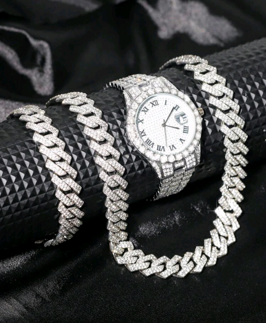 Reloj Plateado Blanco + Cadena 50cm + Pulsera 20cm