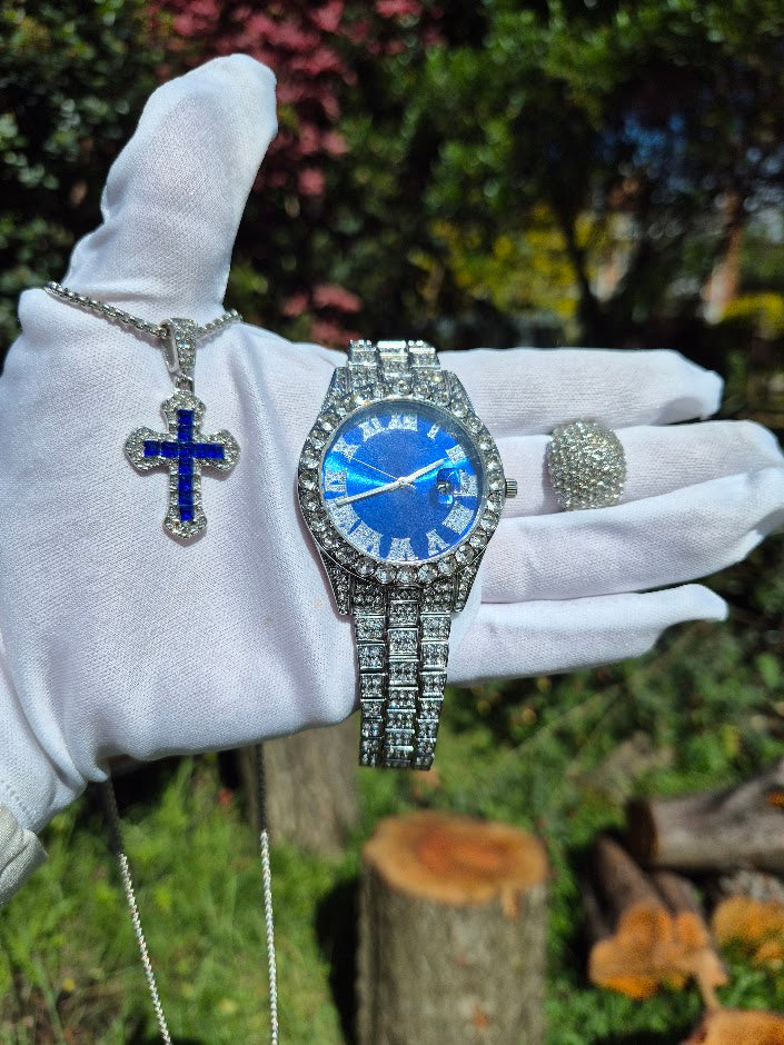 Reloj  Plateado Azul + Dije Cruz Azul + Anillo Premium