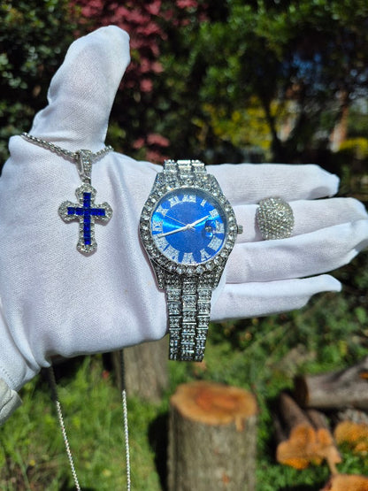 Reloj  Plateado Azul + Dije Cruz Azul + Anillo Premium