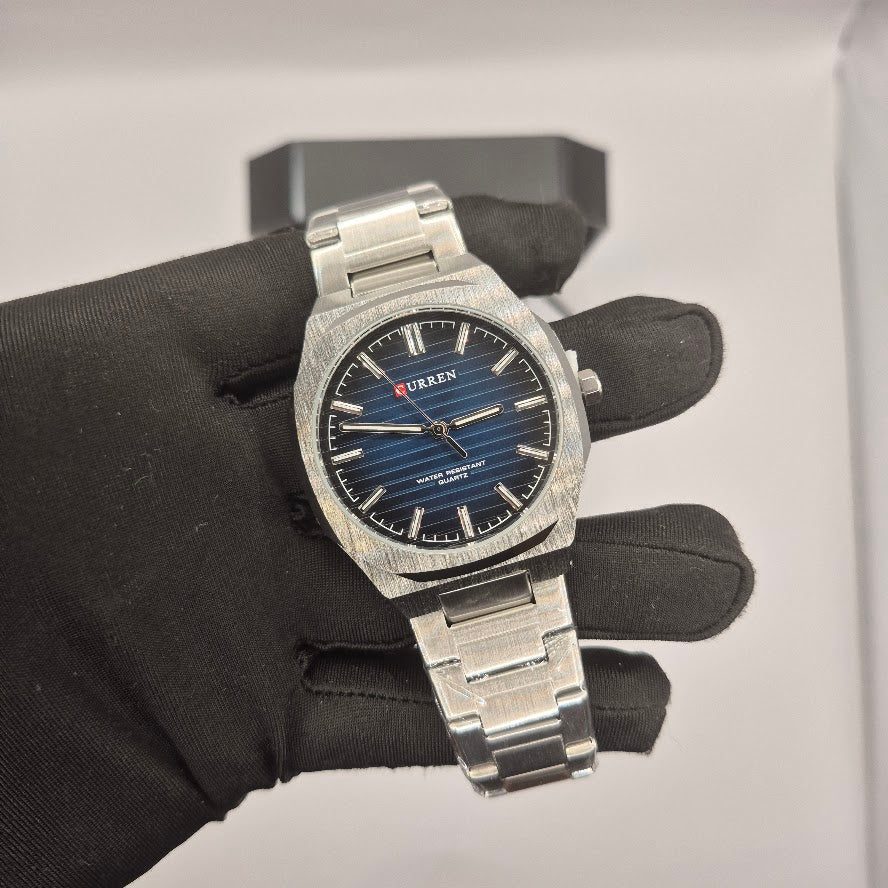 Reloj Curren Geométrico Plateado Dial Azul
