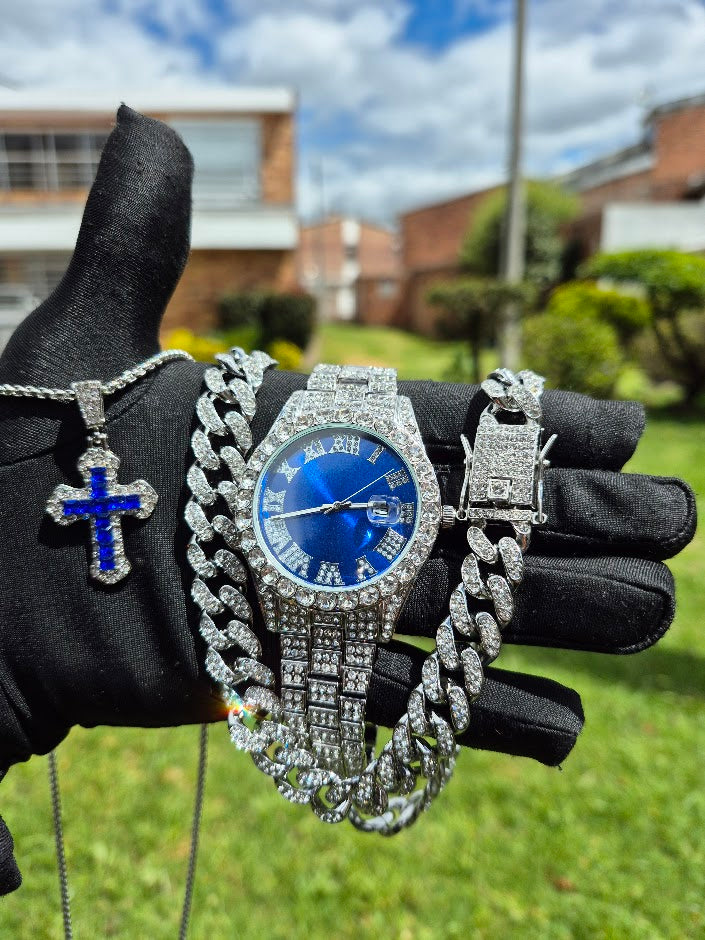 Reloj Plateado Azul+ Cadena Cubana + Dije Cruz
