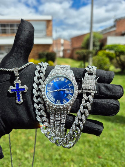 Reloj Plateado Azul+ Cadena Cubana + Dije Cruz