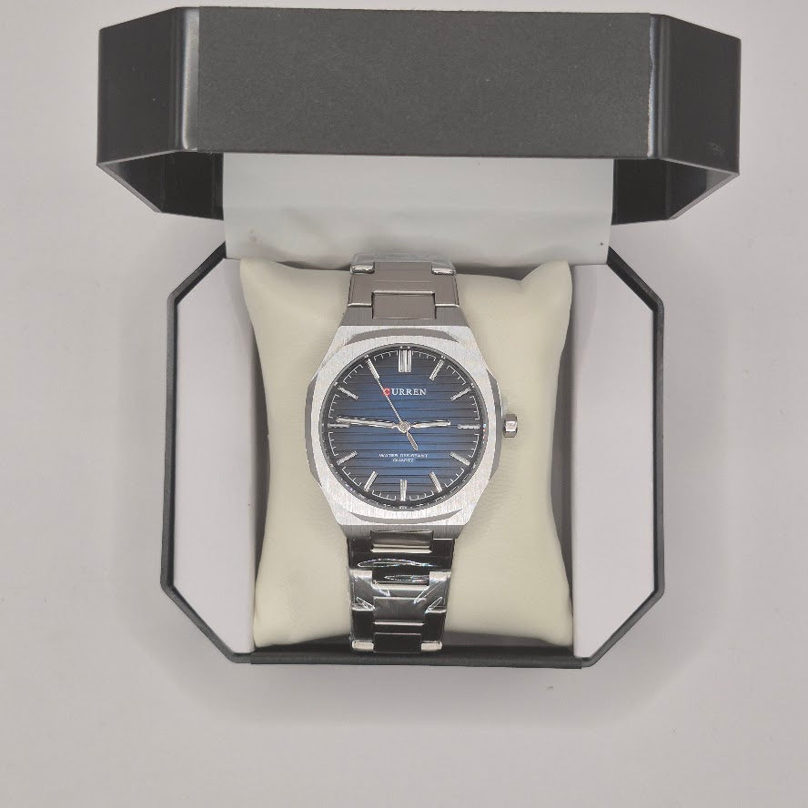 Reloj Curren Geométrico Plateado Dial Azul
