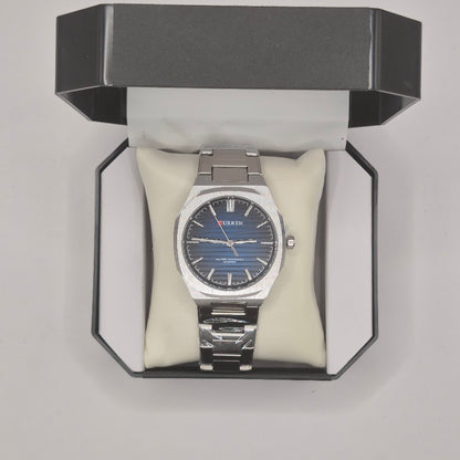 Reloj Curren Geométrico Plateado Dial Azul