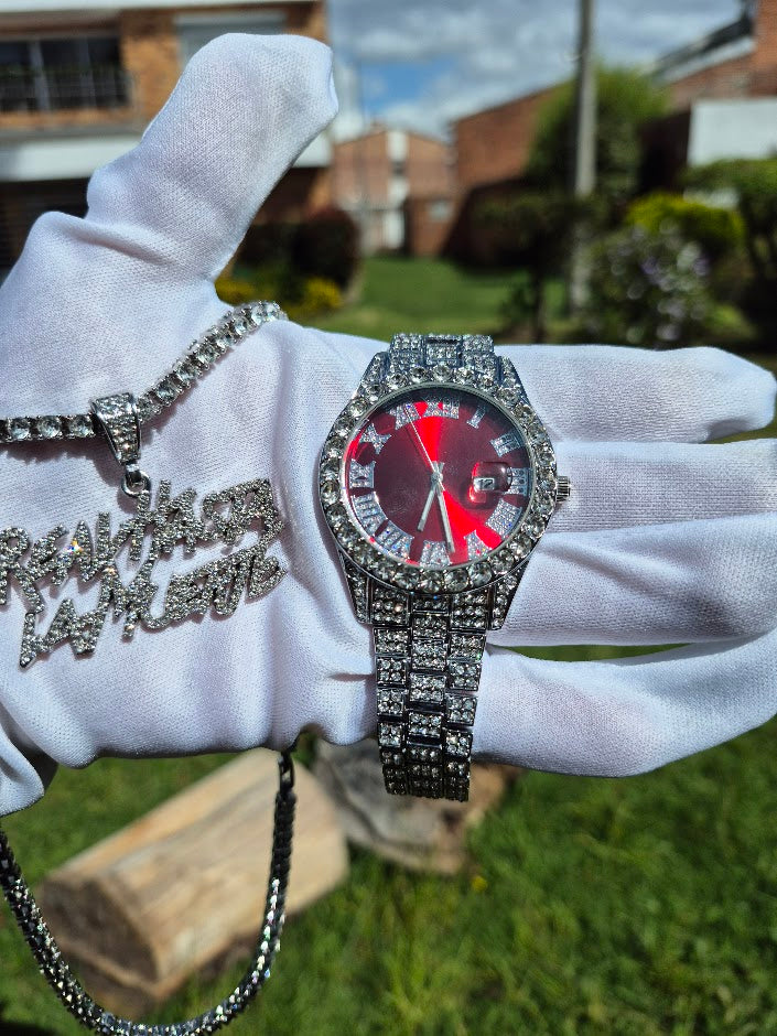 Reloj  Cubano Plateado Rojo + Cadena RHLM Premium