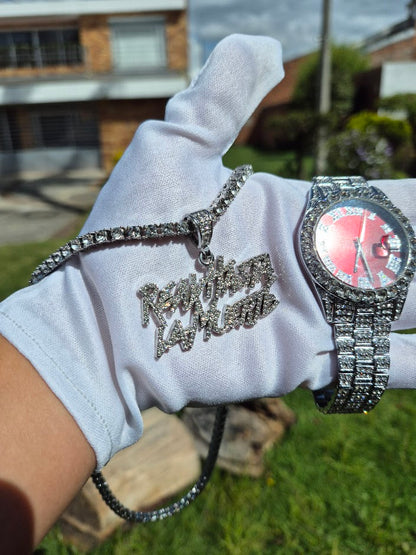 Reloj  Cubano Plateado Rojo + Cadena RHLM Premium