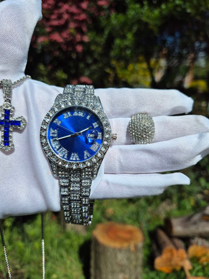 Reloj  Plateado Azul + Dije Cruz Azul + Anillo Premium