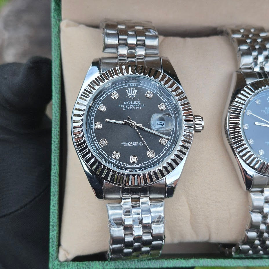 Relojes Rolex Pareja Date Just Plateados Negros + Caja De Lujo Gratis