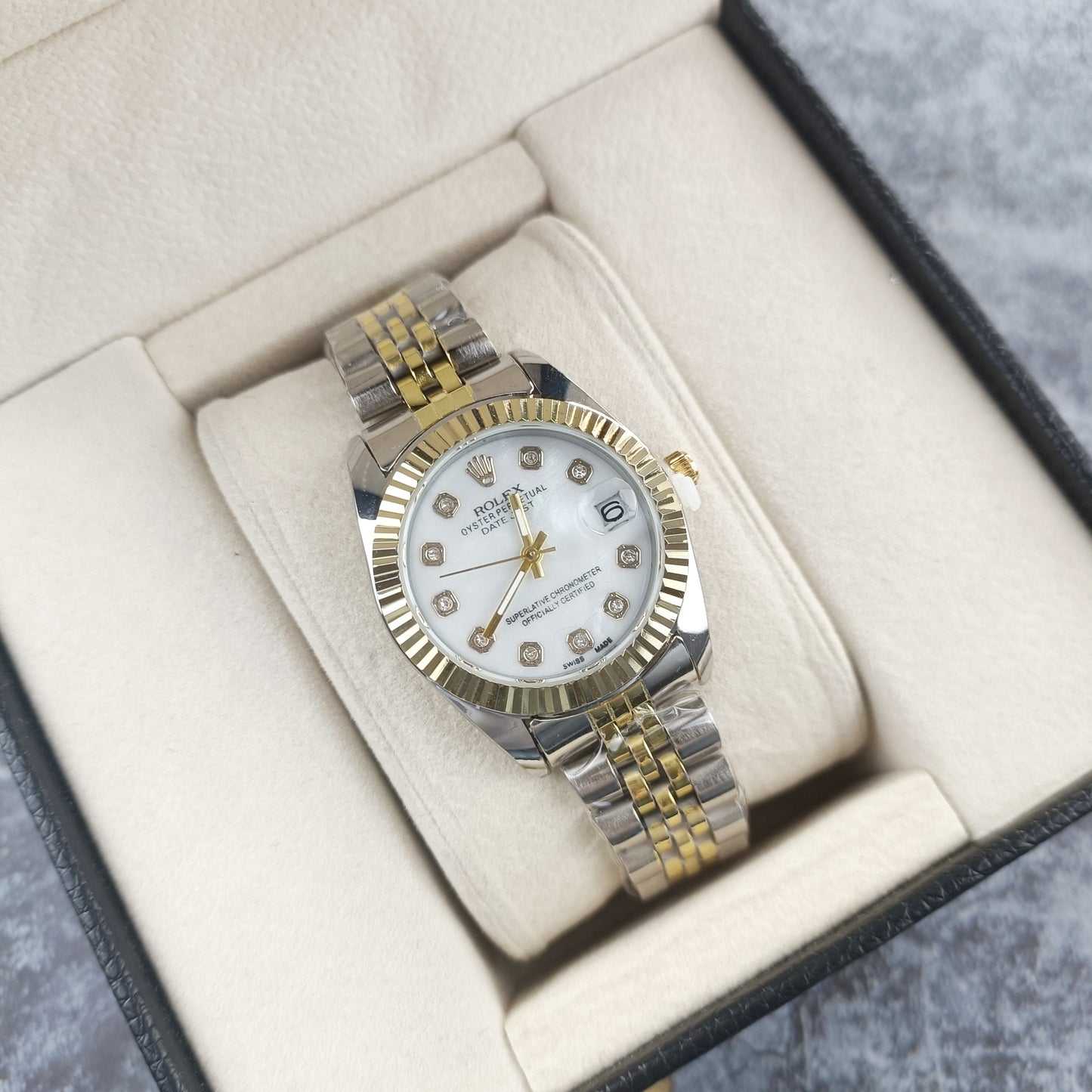 Rolex Femenino Date Just Bisel Estriado Imperial Blanco