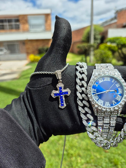 Reloj Plateado Azul+ Cadena Cubana + Dije Cruz
