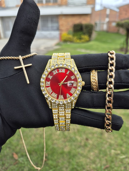 Reloj Dorado Rojo + Pulsera + Dije Cruz + Anillo GRATIS