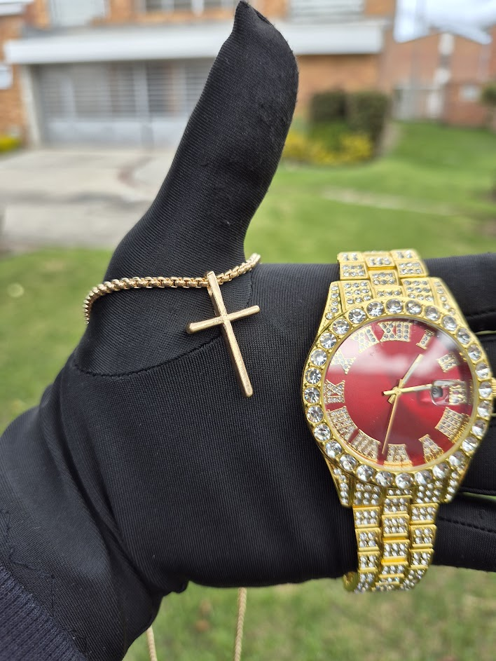 Reloj Dorado Rojo + Pulsera + Dije Cruz + Anillo GRATIS