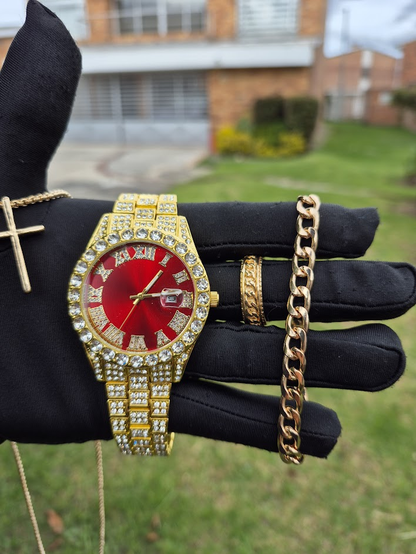 Reloj Dorado Rojo + Pulsera + Dije Cruz + Anillo GRATIS