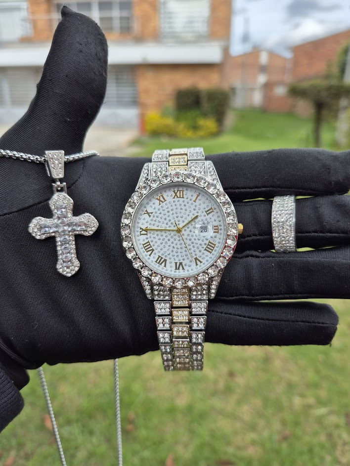 Reloj Plateado Blanco + Pulsera + Anillo Cubano