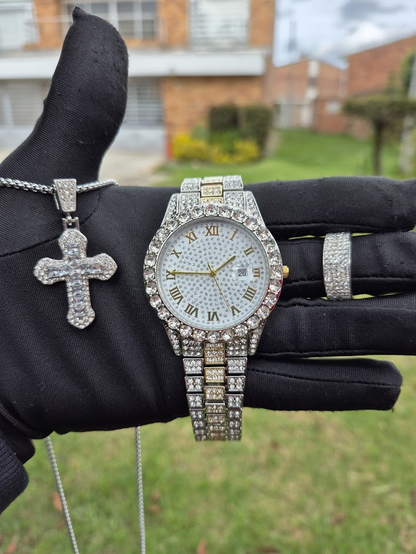 Reloj Plateado Blanco + Pulsera + Anillo Cubano
