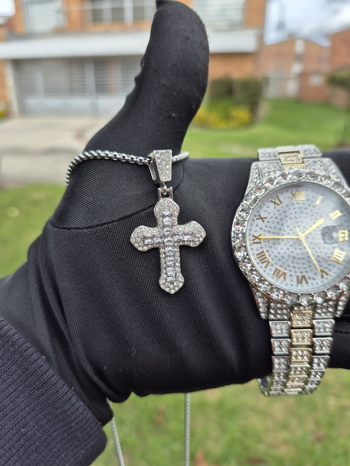 Reloj Plateado Blanco + Pulsera + Anillo Cubano