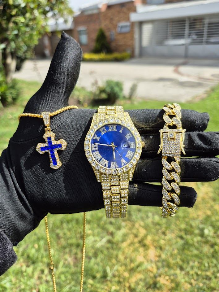 Reloj Dorado Azul + Pulsera Cubana + Dije Cruz Azul