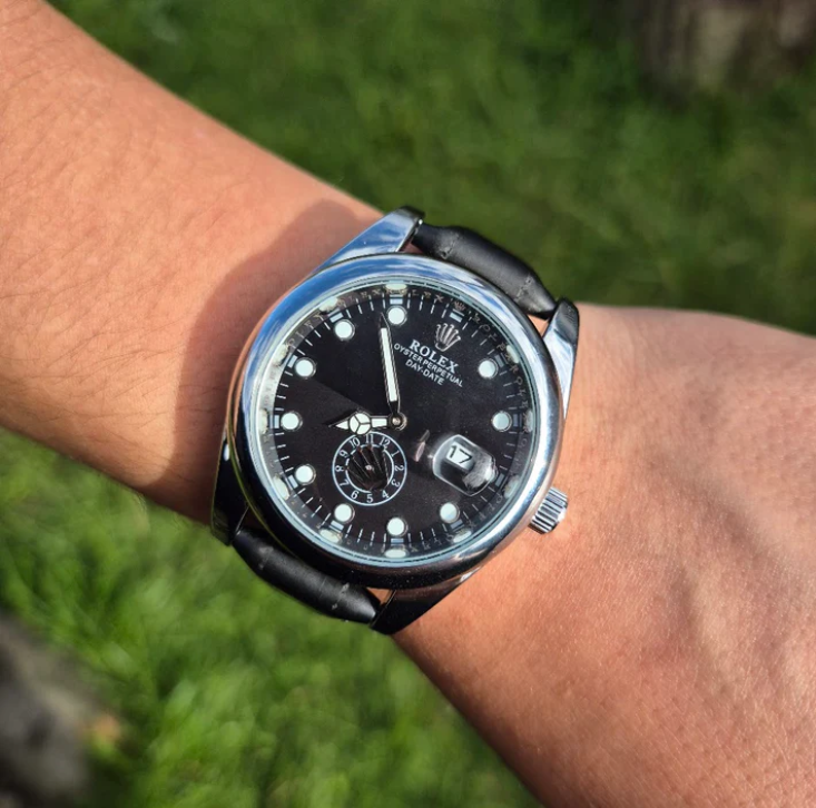 Reloj Rolex Cuero Day Date Negro + Caja de Lujo full set