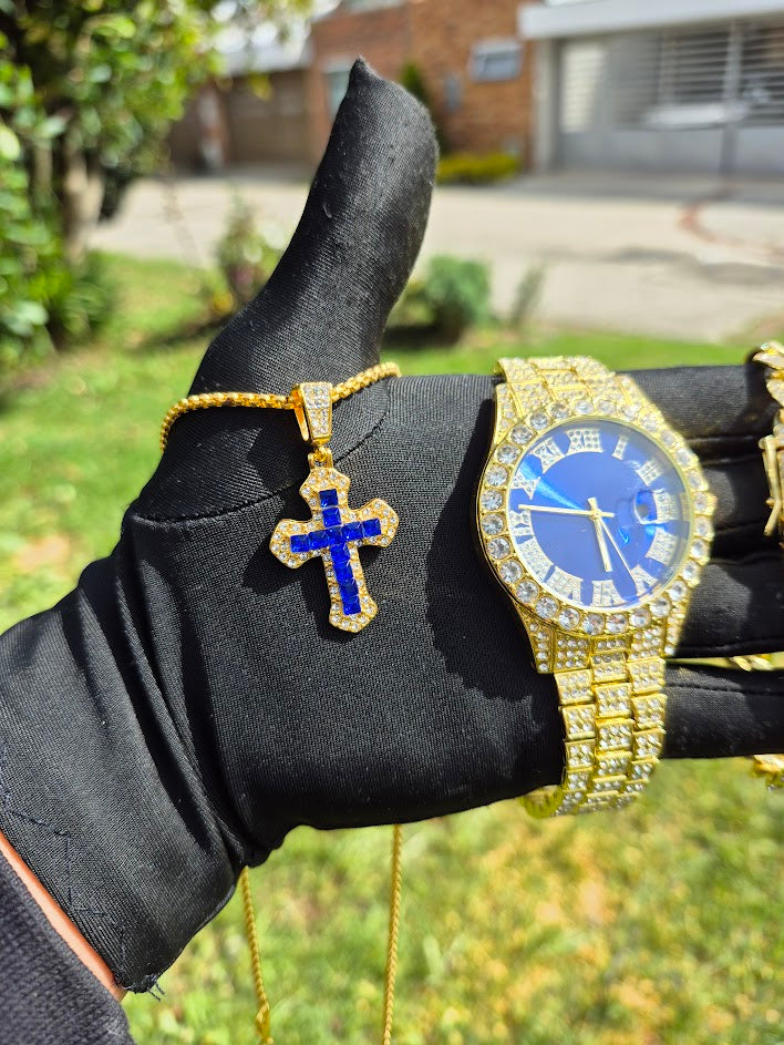 Reloj Dorado Azul + Pulsera Cubana + Dije Cruz Azul