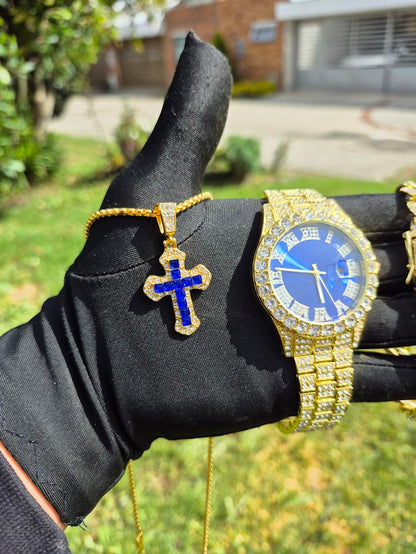Reloj Dorado Azul + Pulsera Cubana + Dije Cruz Azul