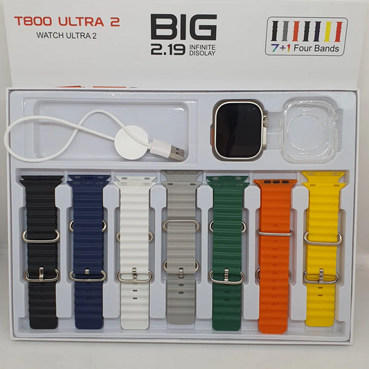 SET SMARTWATCH T800 ULTRA 2 + 7 CORREAS Y CASE