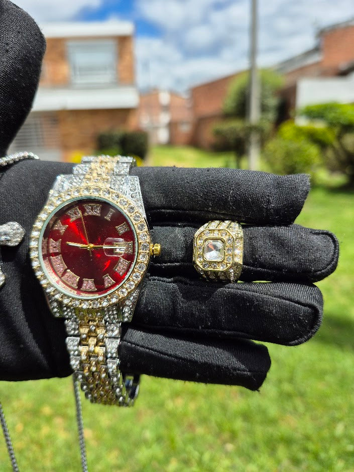 Reloj Imperial Rojo + Dije Cruz + Anillo Premium