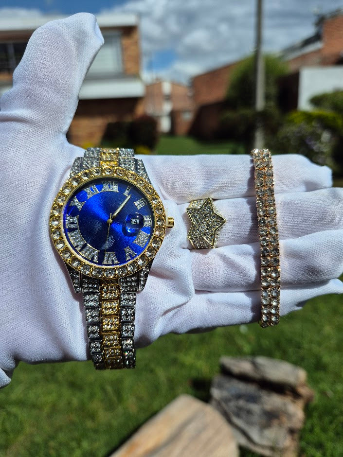 Reloj Imperial Azul + Anillo Estrella + Pulsera Elastica