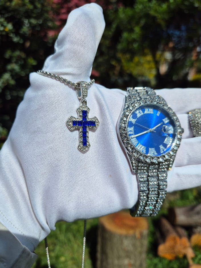 Reloj  Plateado Azul + Dije Cruz Azul + Anillo Premium