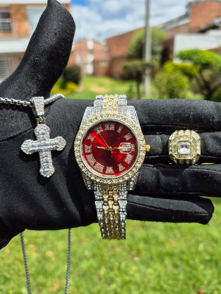 Reloj Imperial Rojo + Dije Cruz + Anillo Premium
