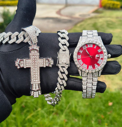 Reloj Plateado Rojo + Cadena + Dije Cruz Premium
