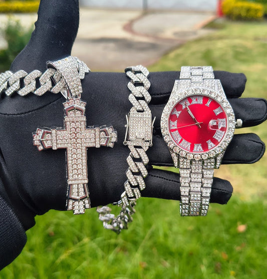 Reloj Plateado Rojo + Cadena + Dije Cruz Premium