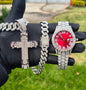 Reloj Plateado Rojo + Cadena + Dije Cruz Premium