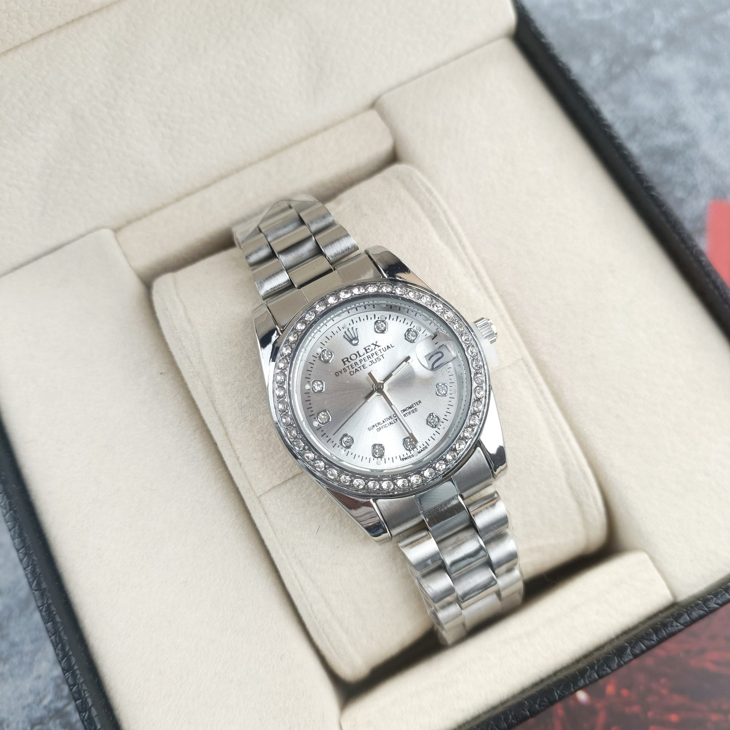 Rolex Femenino Date Just Bisel Perlas Plateado